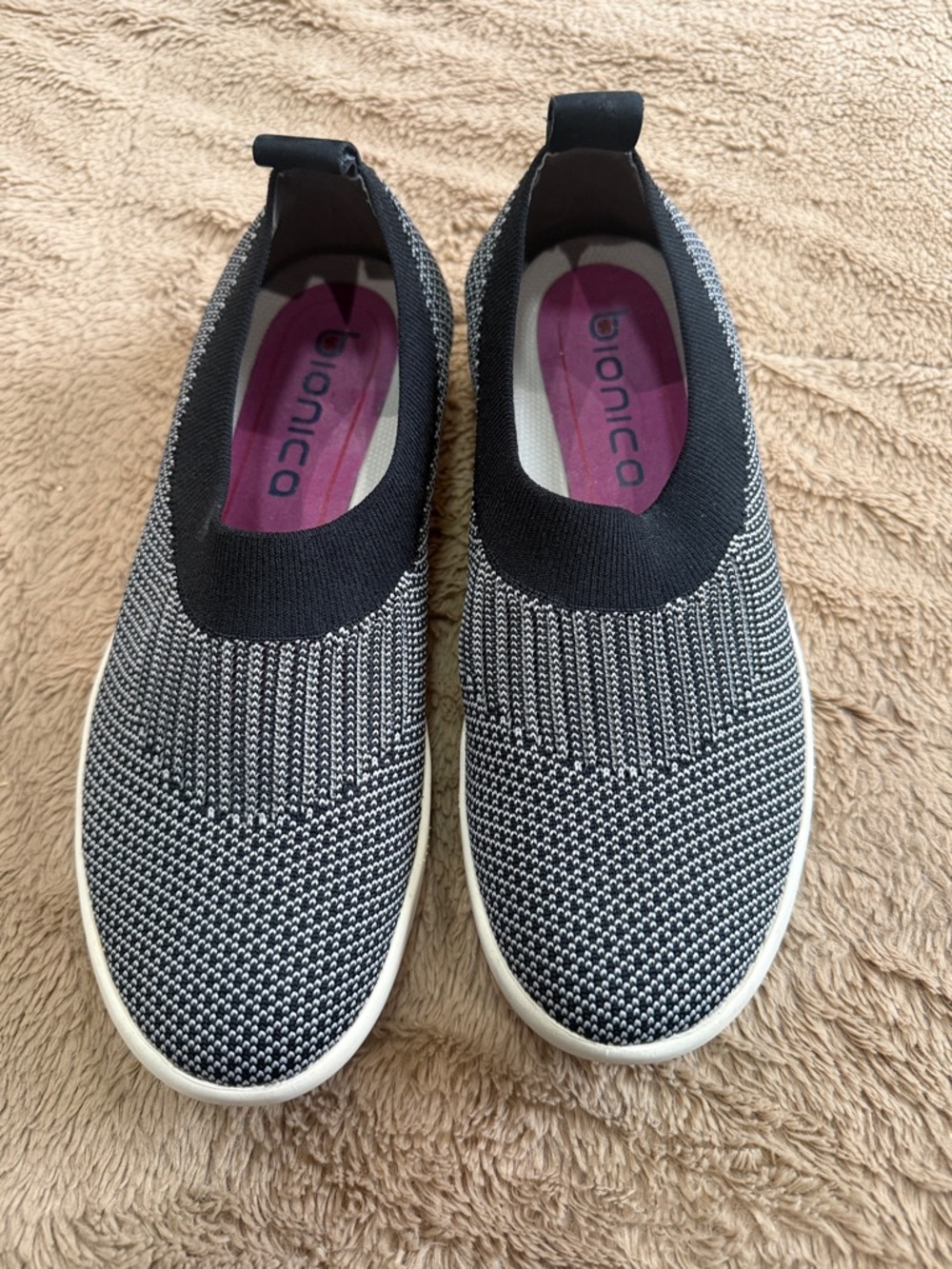 Bionica Black & White Knit Slip-On Sneakers with Pink Insole